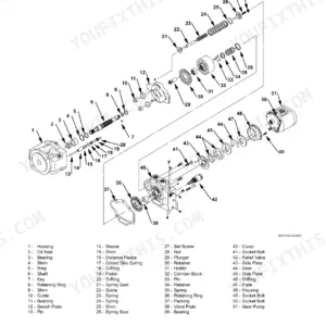 Hitachi EX27U to EX36UE exploded view diagram of the hydraulic pump device disassembly and parts list.