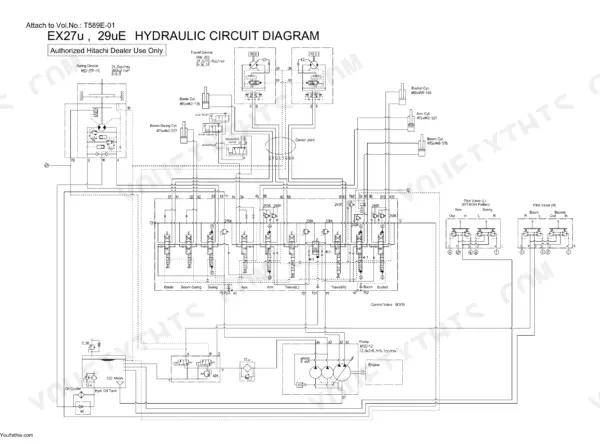 Hitachi EX27U to EX36UE hydraulic circuit diagram showing pump, control valve, and cylinder connections.