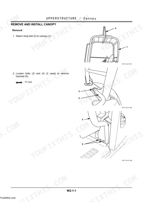Hitachi EX27U to EX36UE canopy removal procedure diagrams showing sling belt and handrail bolt locations.