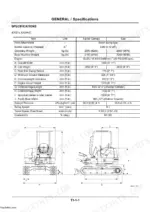 hitachi-ex27u-to-36ue-excavator-technical-manual-t589e-01-specs-4.webp Hitachi EX27U to EX36UE general specifications table and dimensional diagram for excavator models.