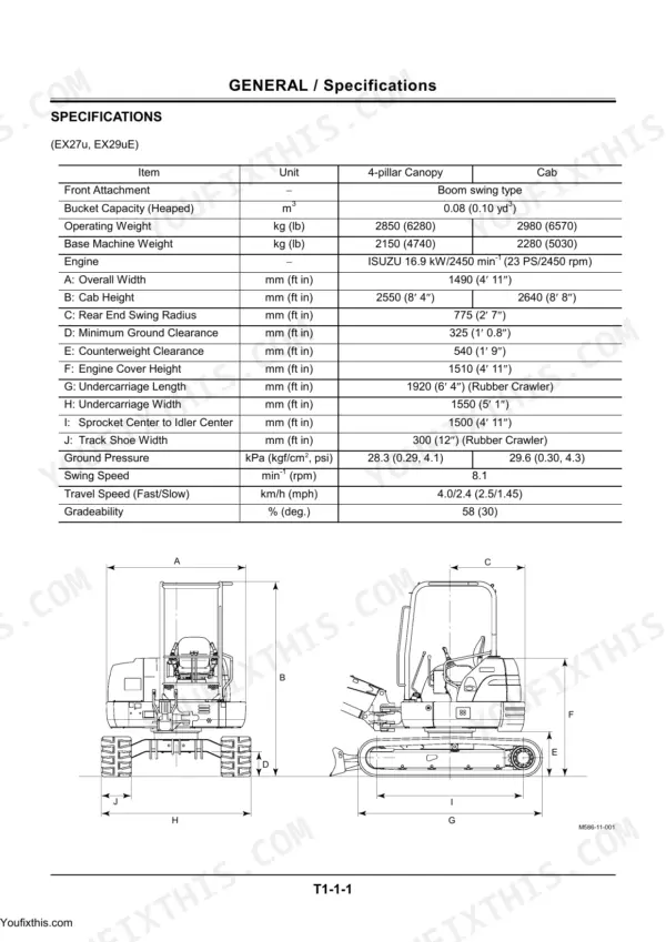Hitachi EX27U to EX36UE general specifications table and dimensional diagram for excavator models.