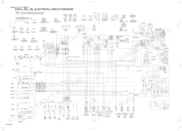 Hitachi EX27U to EX36UE electrical circuit diagram showing battery, starter, alternator, and relays.