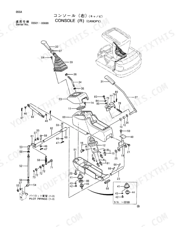 Hitachi EX30-2 exploded view of the right console canopy assembly, showing control levers, mounts, and pilot piping components.