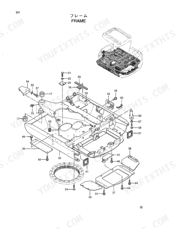 Hitachi EX30-2 exploded view diagram of the main frame assembly, showing mounting hardware, seals, and swing bearing.