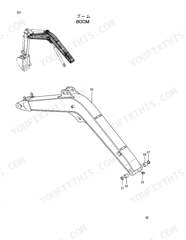 Hitachi EX30-2 parts diagram showing boom assembly, bushings, and grease fitting components.