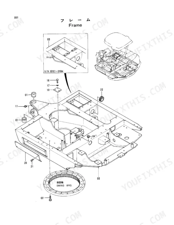 Hitachi EX30 exploded view diagram of the main frame and swing bearing assembly components.