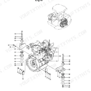 Hitachi EX30 engine exploded view showing engine mounting brackets, rubber dampers, bolts, and hardware assembly.