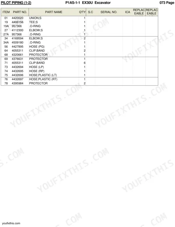 Hitachi EX30U parts list table for pilot piping, including part numbers for unions, tees, o-rings, hoses, and protectors.