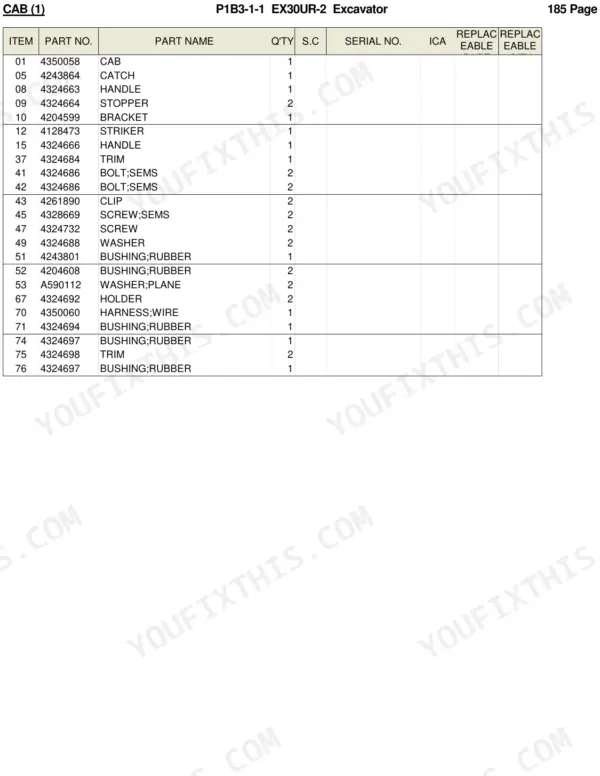 Hitachi EX30UR-2 parts list table for cab components including handles, strikers, bushings, and wire harnesses.