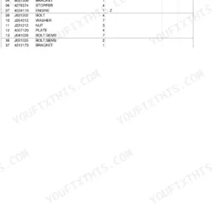 Hitachi EX30UR-2 engine parts list table showing rubber, brackets, stoppers, bolts, washers, and nuts with part numbers.