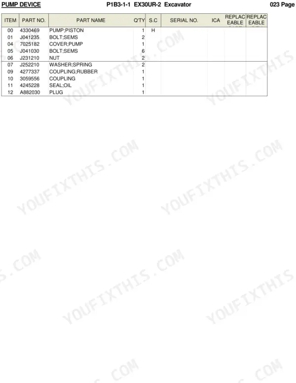Hitachi EX30UR-2 parts list for pump device showing piston pump, bolts, cover, coupling, and oil seal part numbers.