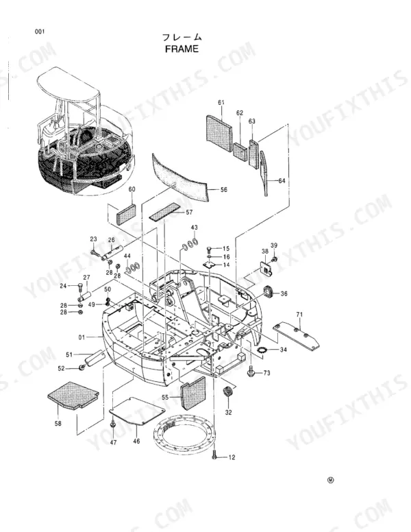 Hitachi EX30UR-2C exploded view diagram of the main frame assembly, including insulation panels, mounts, and hardware.