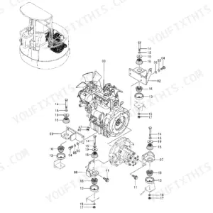 Hitachi EX30UR-2C exploded view diagram of engine mounting components, brackets, and vibration isolators.