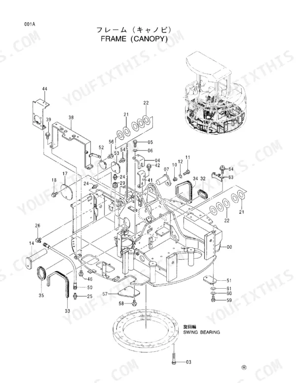 Hitachi EX30UR-3 exploded view diagram of the canopy frame and swing bearing assembly with numbered parts list.