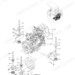 Hitachi EX30UR-3 engine exploded view showing engine mounts and pump device support components with reference numbers.