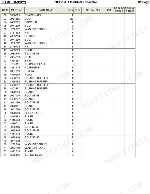 Hitachi EX30UR-3 parts list table for main canopy frame components including bolts, bushings, and brackets.