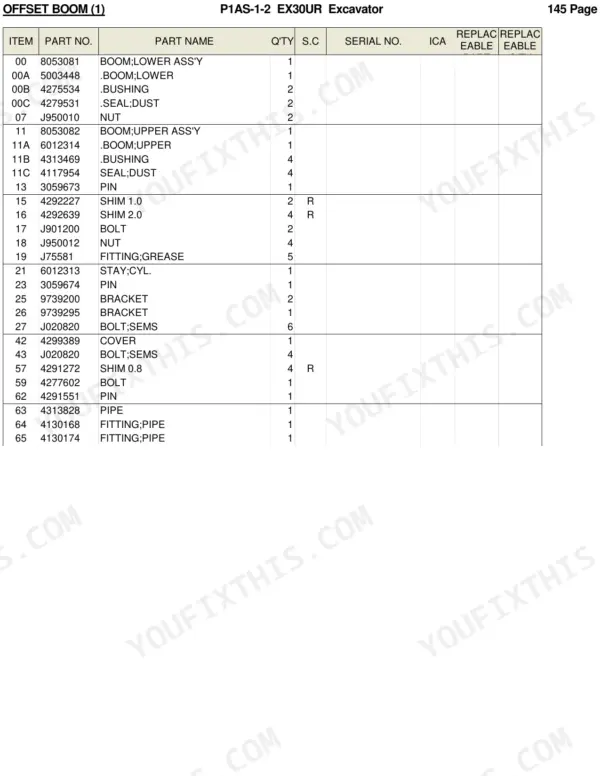 Hitachi EX30UR parts list table for offset boom components including lower and upper boom assemblies, bushings, and shims.