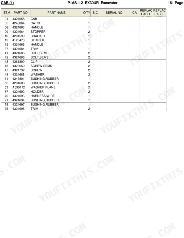 Hitachi EX30UR parts list table for cab components including handles, strikers, bushings, and wire harnesses.