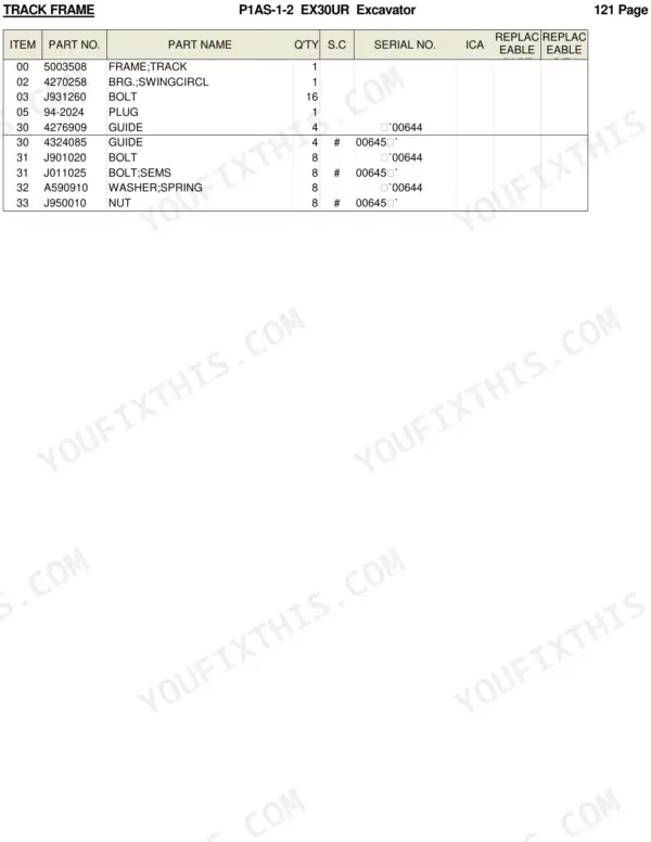 Hitachi EX30UR parts list table for track frame, swing circle bearing, bolts, guides, and nuts with part numbers.