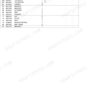 Hitachi EX30UR engine parts list table showing part numbers for fan belts, oil filters, fuel filters, and mounting hardware.