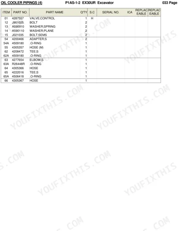Hitachi EX30UR parts list table for oil cooler pipings including control valves, hoses, o-rings, and adapters.
