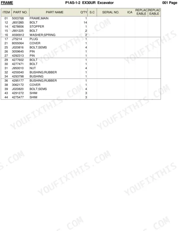 Hitachi EX30UR parts list table for main frame components including bolts, bushings, covers, and shims.