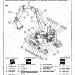 Hitachi EX33Mu, 58Mu excavator general outline diagram with numbered component parts list for attachment, upper, and undercarriage.