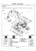hitachi-ex33mu-58mu-hydraulic-excavator-technical-manual-exploded-view-32.webp Hitachi EX33Mu, 58Mu excavator general outline diagram with numbered component parts list for attachment, upper, and undercarriage.