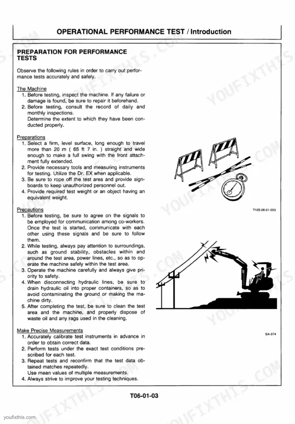 Hitachi EX33Mu, 58Mu operational performance test preparation, safety precautions, and testing procedures guide.