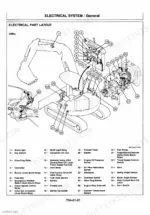 hitachi-ex33mu-58mu-hydraulic-excavator-technical-manual-wiring-90.webp Hitachi EX33Mu, 58Mu electrical system diagram showing numbered component layout and identification list.