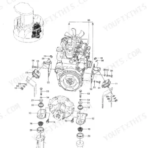 Hitachi EX33MU engine exploded view showing engine mounts, brackets, bolts, and vibration dampers.