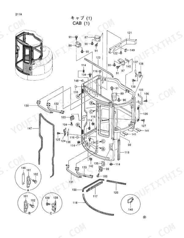 Hitachi EX33MU exploded view diagram of cab components, seals, and mounting hardware for parts identification.