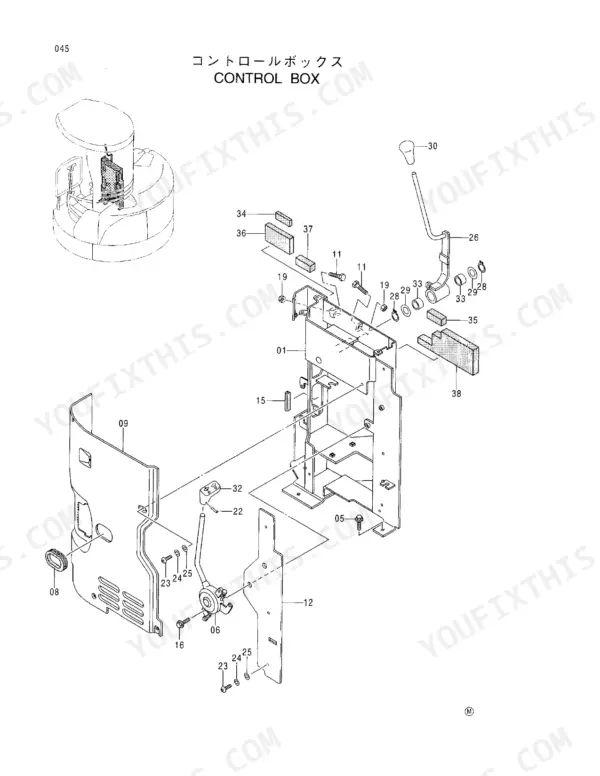 Hitachi EX33U exploded view diagram of the control box assembly, including levers, housing, and mounting hardware.