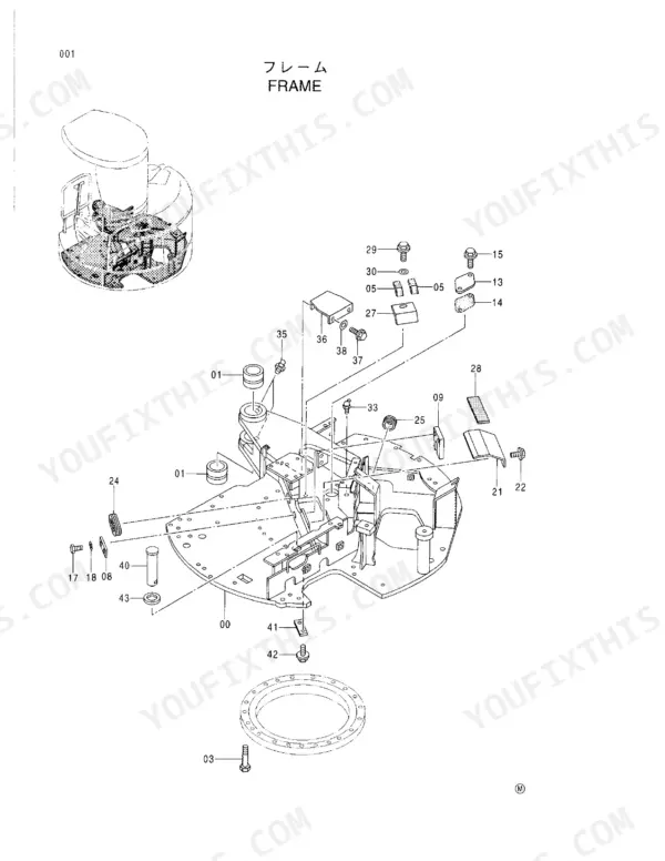 Hitachi EX33U exploded view diagram of the main frame assembly, including mounts, pins, and hardware components.