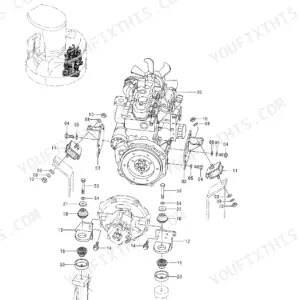 Hitachi EX33U engine exploded view showing engine mounts, brackets, bolts, and vibration dampers for assembly.