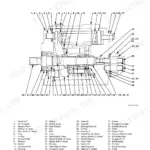 Hitachi EX33u, 33u, 33Mu, 30-2 pump device exploded view diagram with numbered parts list for disassembly and assembly.