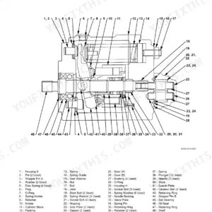 Hitachi EX33u, 33u, 33Mu, 30-2 pump device exploded view diagram with numbered parts list for disassembly and assembly.