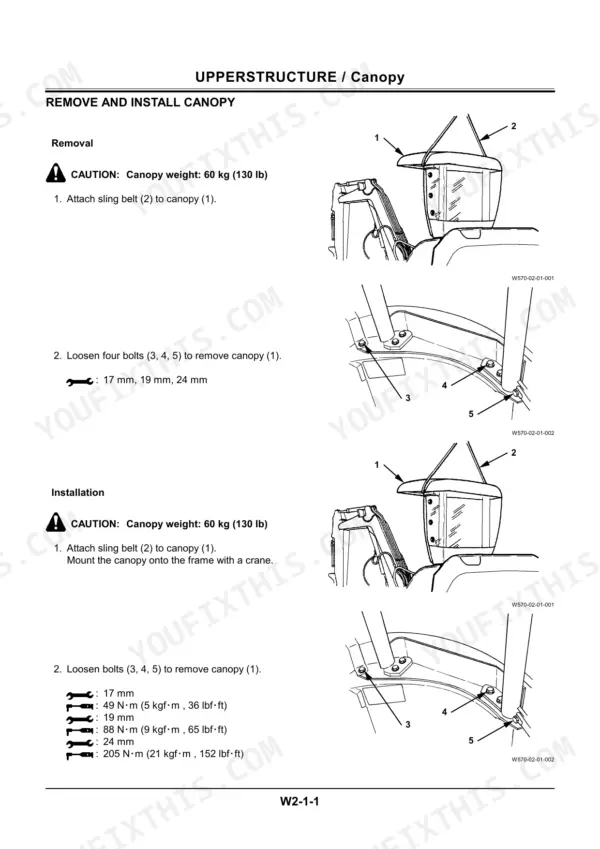 Hitachi EX33u, 33u, 33Mu, 30-2 canopy removal and installation procedure with bolt torque specifications and diagrams.
