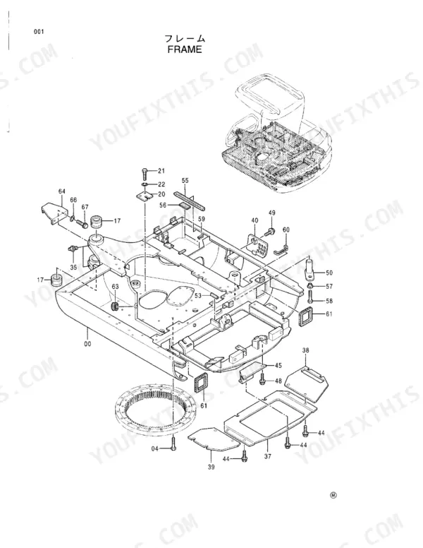 Hitachi EX35-2 exploded view diagram of the main frame assembly, including swing bearing, mounting hardware, and covers.