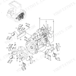 Hitachi EX35-2 engine exploded view showing engine mounts, brackets, and hardware assembly components.