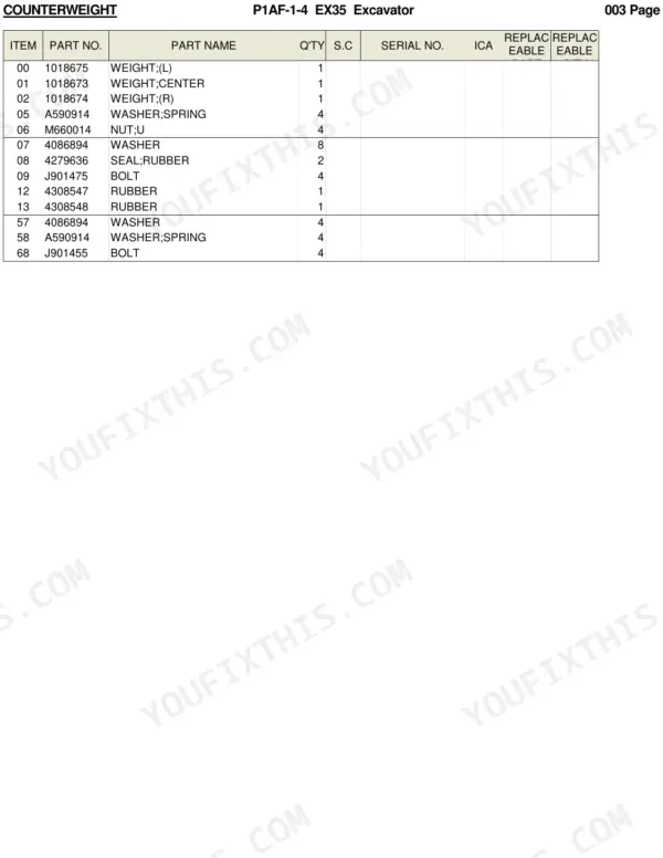 Hitachi EX35 parts list table for counterweight components including weights, bolts, washers, and rubber seals.