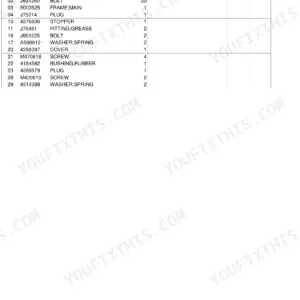 Hitachi EX35 parts list for frame components including bushings, bolts, main frame, grease fittings, and covers.