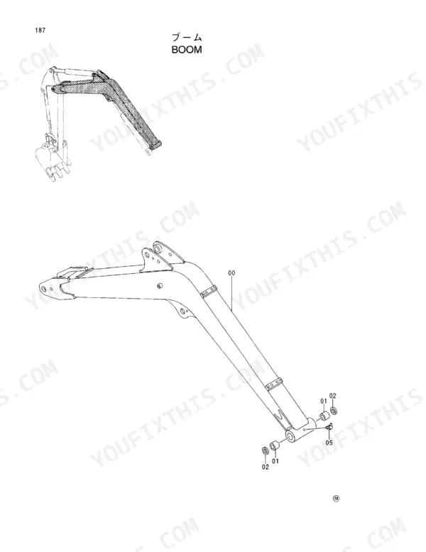 Hitachi EX35U exploded view diagram of the boom assembly, including bushings, seals, and grease fitting components.