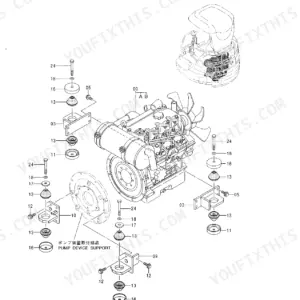Hitachi EX35U engine exploded view showing engine mounts, pump device support, and mounting hardware components.