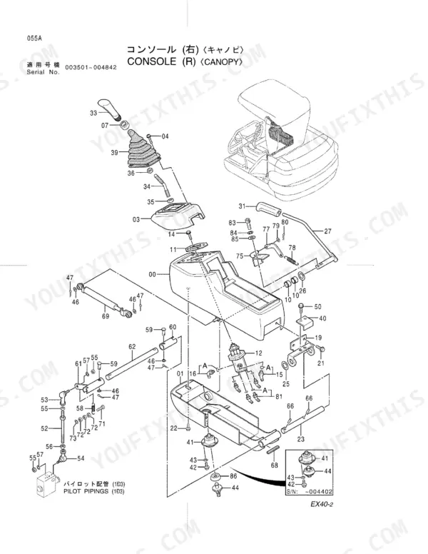 Hitachi EX40-2 exploded view diagram of the right side canopy console, levers, and pilot piping components.