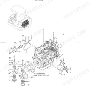 Hitachi EX40-2 engine exploded view showing pump device support, mounting brackets, and vibration isolator components.