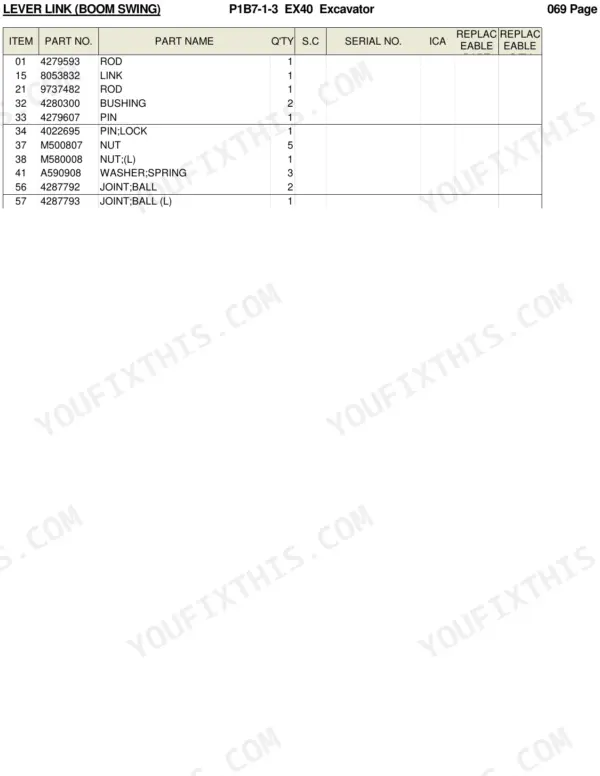 Hitachi EX40 parts list table for boom swing lever link components including rods, bushings, pins, and ball joints.