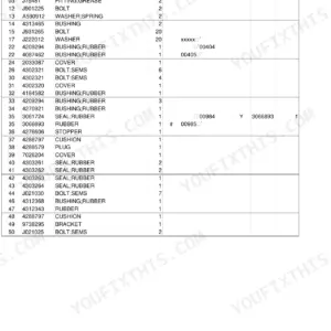 Hitachi EX40 parts list table for main frame components including bushings, seals, bolts, and covers.