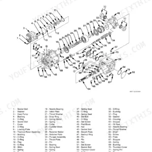 Hitachi EX40u, EX50u, 50u exploded view diagram for pump device disassembly with numbered parts list.