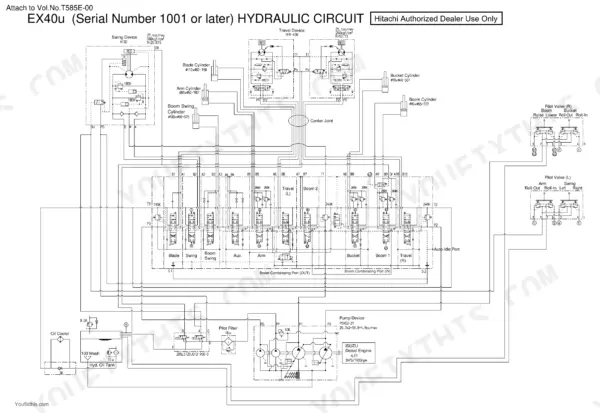 Hitachi EX40u, EX50u, 50u hydraulic circuit diagram showing pump, control valve, cylinders, and pilot valves.